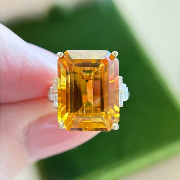 Large Citrine Emerald Cut Diamond Cocktail Ring 14k Yellow Gold - Picture 8 of 16